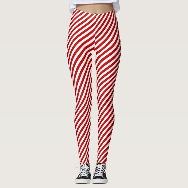 Red and White Candy Cane Stripped Holiday Leggings (Front)