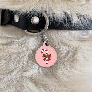 Red And White Candy Cane With A Bow And Holly Pet Tag
