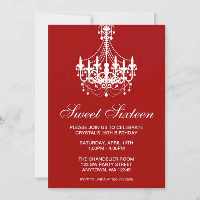 Red and White Chandelier Sweet Sixteen Birthday Invitation (Front)