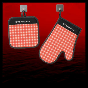 Red and White Check Chequered Personalized Name Oven Mitt & Pot Holder Set