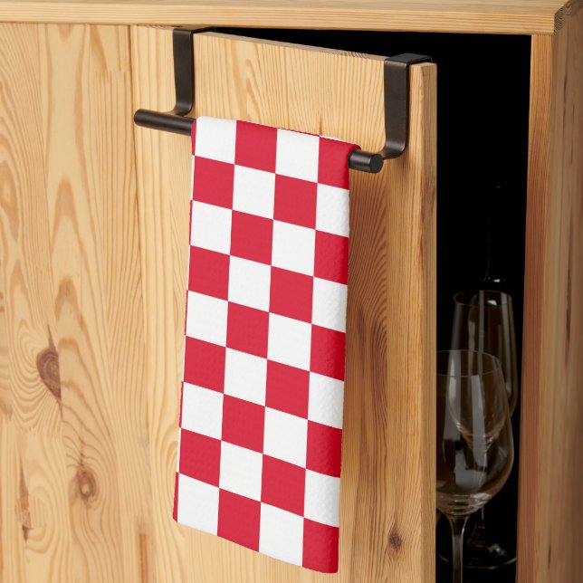 Red and White Chequerboard Pattern  Kitchen Towel (Thirds Fold)
