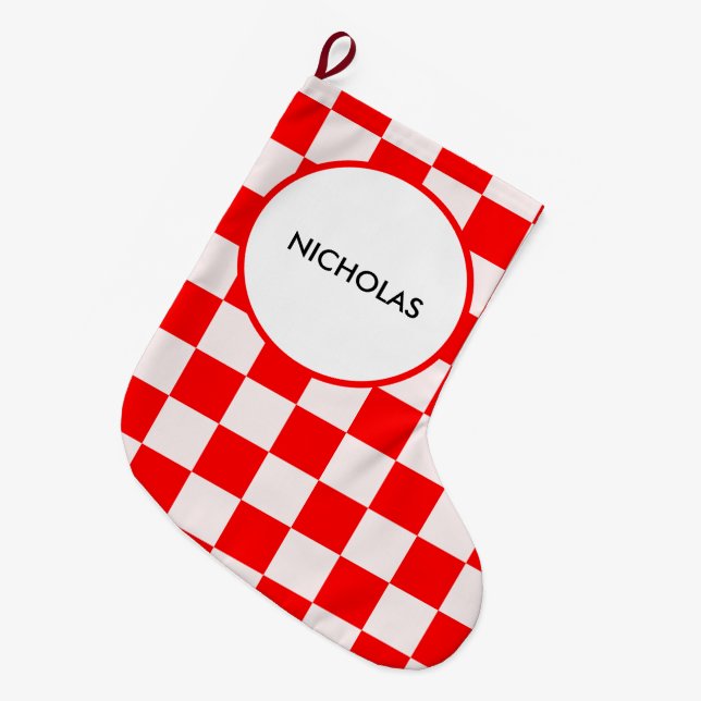 Red and White Chequered Pattern Personalized Large Christmas Stocking (Front (Hanging))