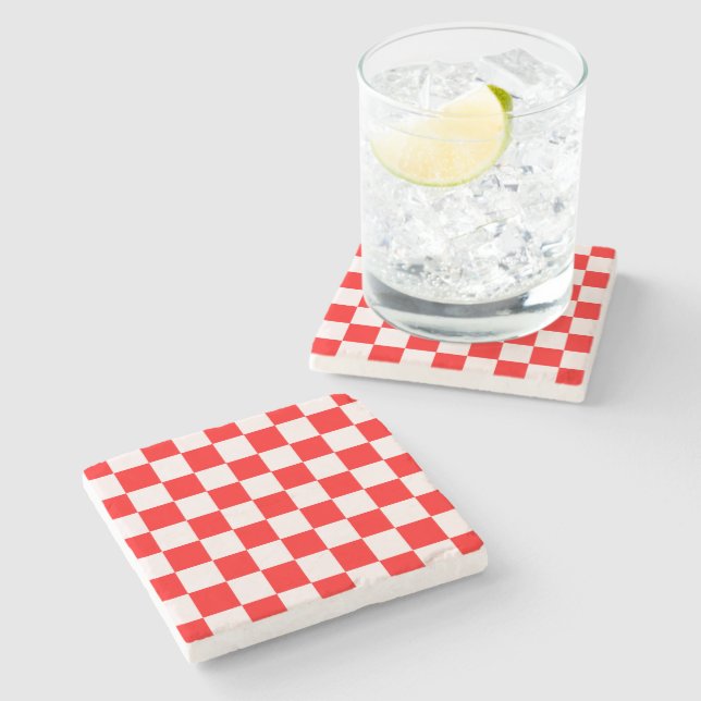 Red and White Chequered Pattern  Stone Coaster (Side)