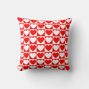 Red and White Chequered Pattern With Hearts Throw Pillow