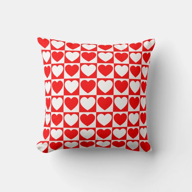 Red and White Chequered Pattern With Hearts Throw Pillow (Front)