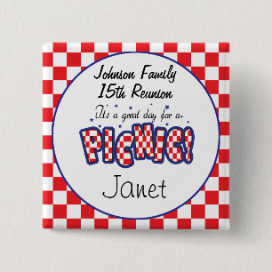 Red and White Chequered   Picnic Reunions 2 Inch Square Button