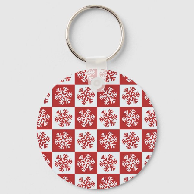 Red and White Chequered Snowflakes Keychain (Front)