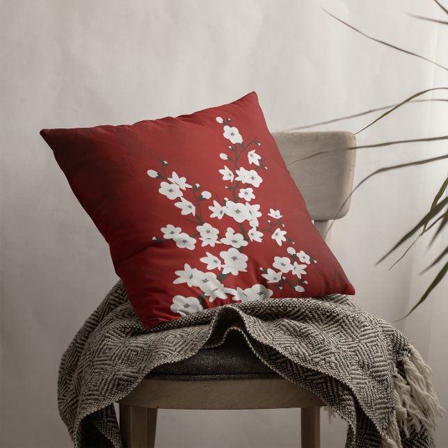 Red  And White Cherry Blossom Floral Oriental Throw Pillow (Creator Uploaded)