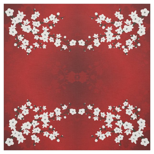 Red And White Cherry Blossom Pattern Fabric (Swatch)