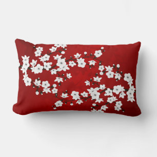Red And White Cherry Blossoms Asia Floral Lumbar Pillow