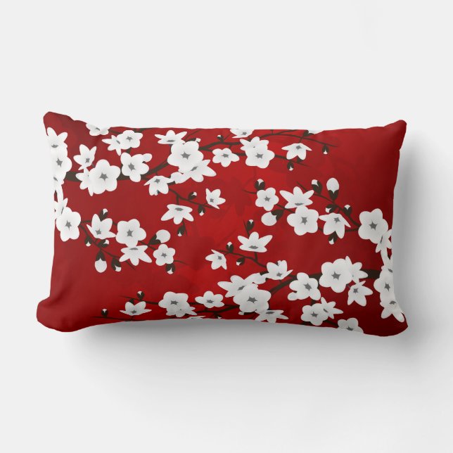 Red And White Cherry Blossoms Asia Floral Lumbar Pillow (Front)