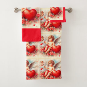 Red and White Cherub Angels  Bath Towel Set
