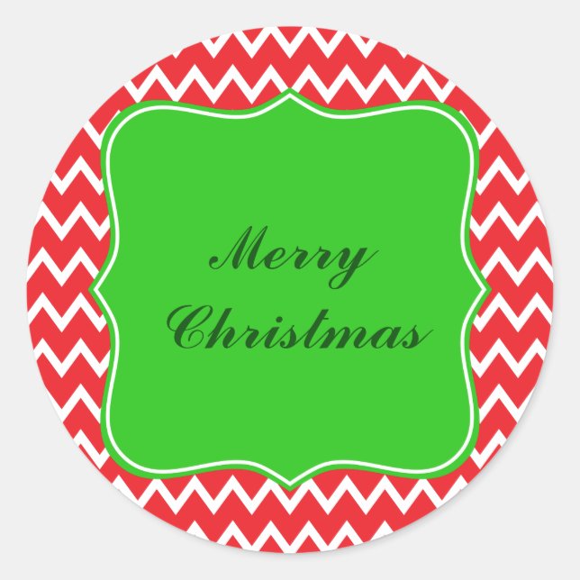 Red and White Chevron Pattern with Green Christmas Classic Round Sticker (Front)