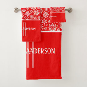 RED AND WHITE CHRISTAMS SNOWFLAKE MONOGRAM BATH TOWEL SET