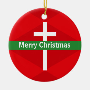 Red and White Christian Cross Merry Christmas Ceramic Ornament