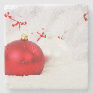 Red and White Christmas Baubles Stone Coaster