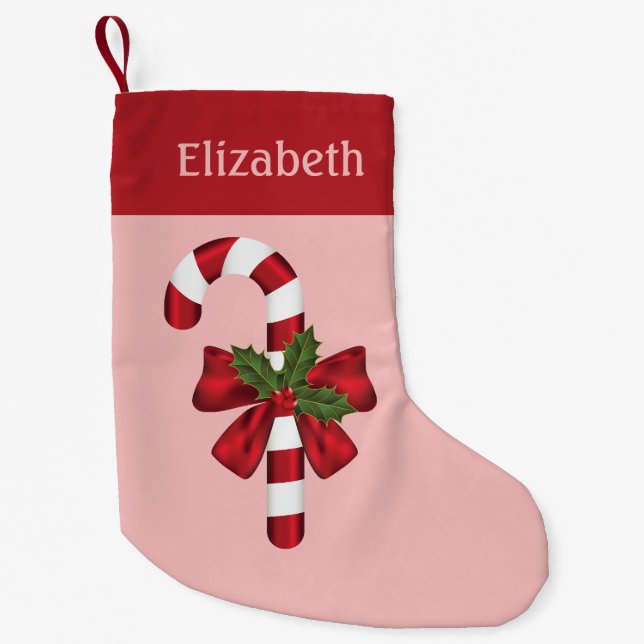 Red And White Christmas Candy Cane And Custom Name Small Christmas Stocking (Front)