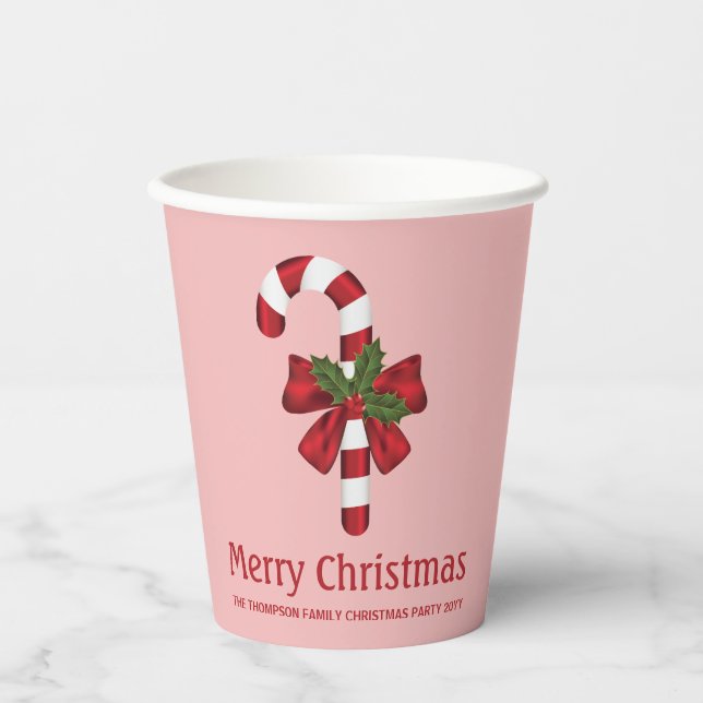 Red And White Christmas Candy Cane And Custom Text Paper Cups (Front)