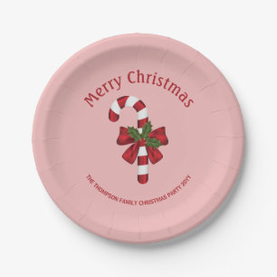Red And White Christmas Candy Cane And Custom Text Paper Plate