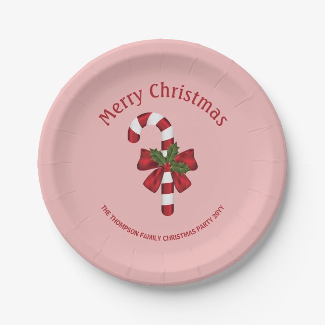 Red And White Christmas Candy Cane And Custom Text Paper Plate (Front)