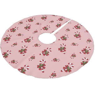 Red And White Christmas Candy Cane Pattern On Pink Brushed Polyester Tree Skirt