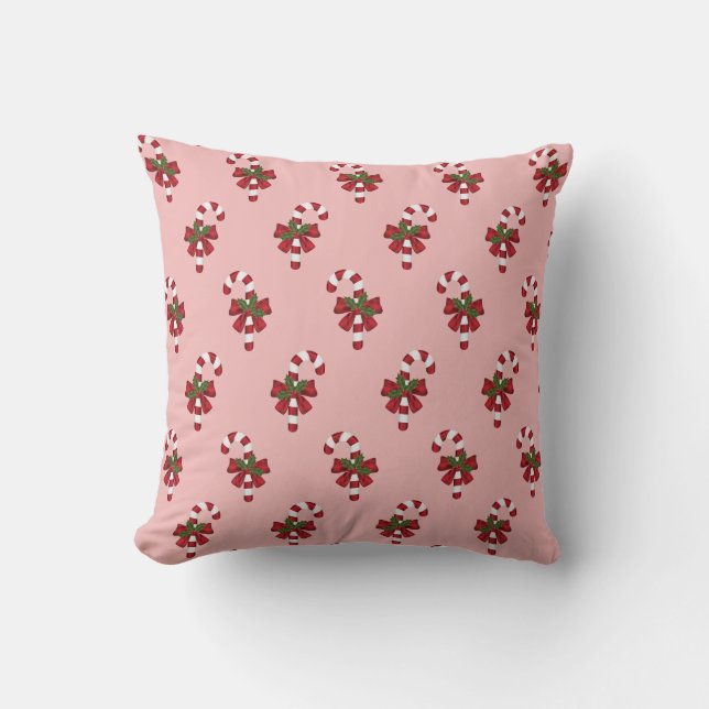 Red And White Christmas Candy Cane Pattern On Pink Throw Pillow (Front)