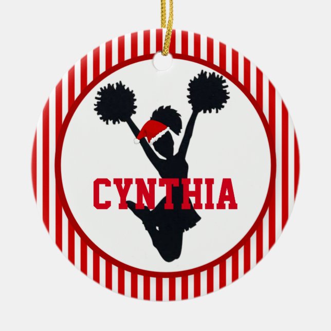 Red and White Christmas Cheerleader In Santa Hat Ceramic Ornament (Front)
