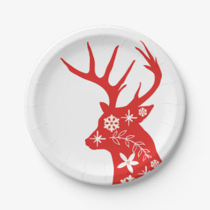 Red and White Christmas Deer Paper Plate