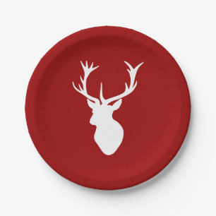Red and White Christmas Deer Stag Head Paper Plate