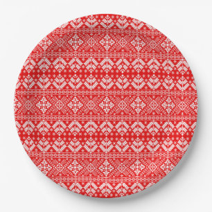 Red and White Christmas Fair Isle Pattern Paper Plate