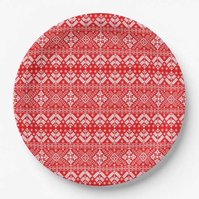 Red and White Christmas Fair Isle Pattern Paper Plate (Front)