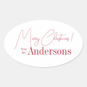 Red and White Christmas from Family Name Oval Sticker