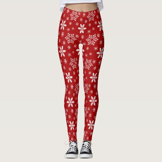 Red and White Christmas Holiday Snowflake Pattern Leggings (Front)