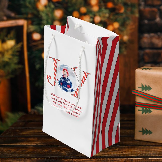 Red and White Christmas Joy Personalized  Small Gift Bag (Red and white striped holiday joy typography small gift bag.)