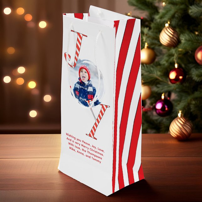 Red and White Christmas Joy Personalized  Wine Gift Bag (Red and White Joy Typography Custom Holiday Gift Wine Bag)