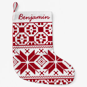 Red and White Christmas Knit Pattern Personalized Small Christmas Stocking