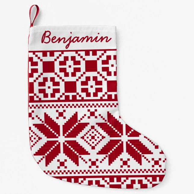 Red and White Christmas Knit Pattern Personalized Small Christmas Stocking (Front)