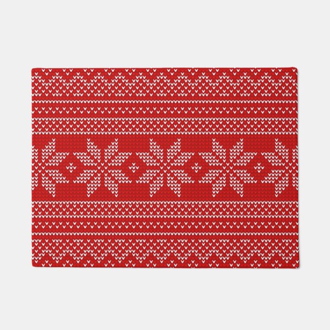 Red and White Christmas knitting pattern Doormat (Front)