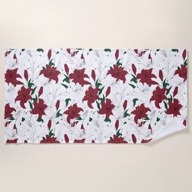 Red and White Christmas Lilies Beach Towel (Front)