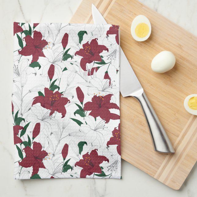 Red and White Christmas Lilies Kitchen Towel (Quarter Fold)