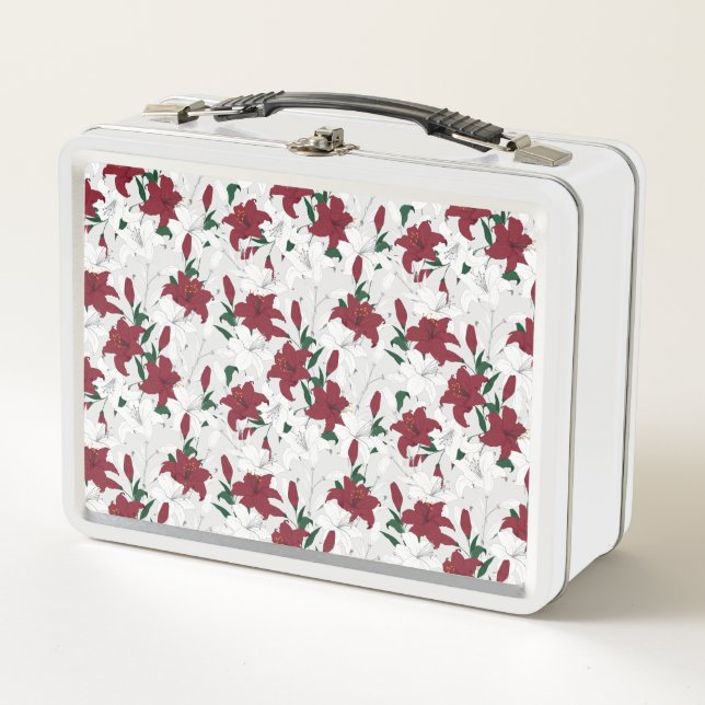 Red and White Christmas Lilies Metal Lunch Box (Front)