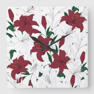Red and White Christmas Lilies Square Wall Clock