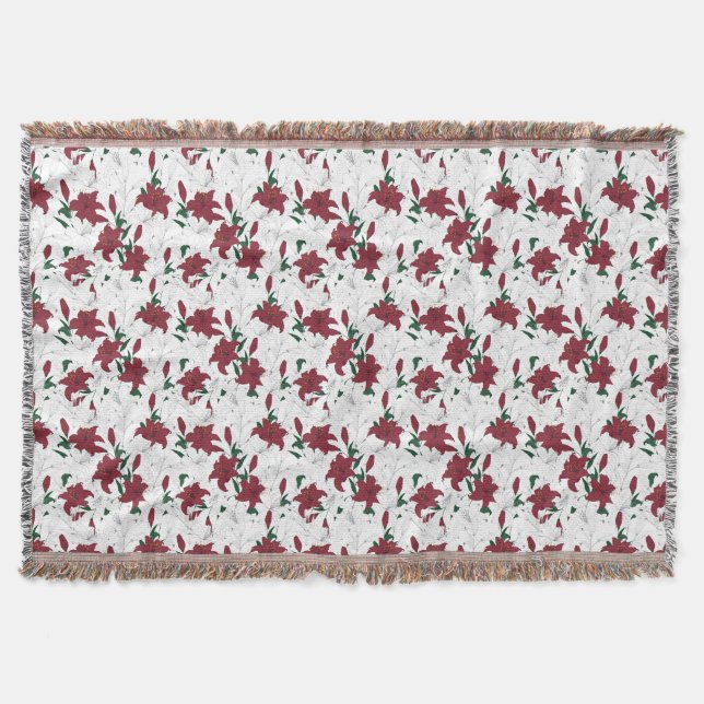 Red and White Christmas Lilies Throw Blanket (Front)