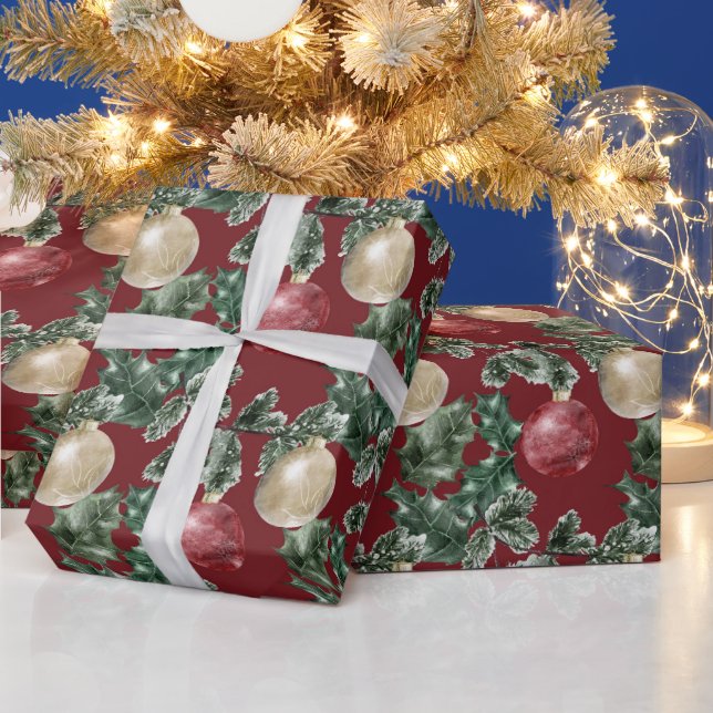 Red and White Christmas Ornaments and Greenery Wrapping Paper (Holidays)