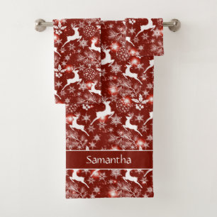 Red and white Christmas pattern with reindeer Bath Towel Set