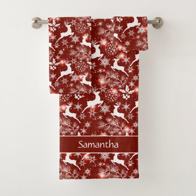 Red and white Christmas pattern with reindeer Bath Towel Set (Insitu)
