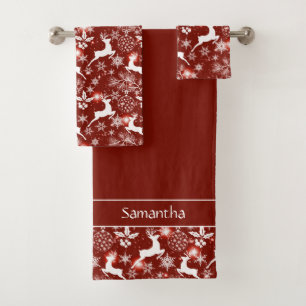Red and white Christmas pattern with reindeer Bath Towel Set