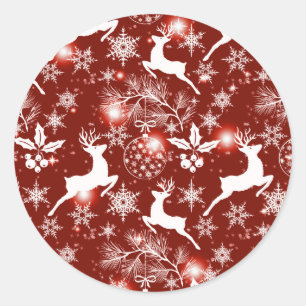 Red and white Christmas pattern with reindeer Classic Round Sticker