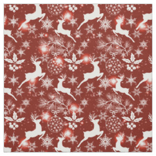 Red and white Christmas pattern with reindeer, sno Fabric
