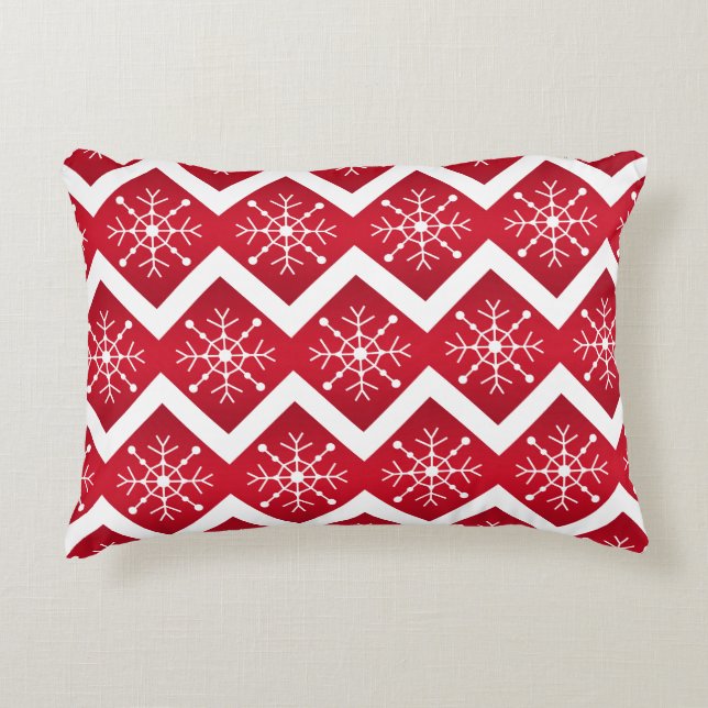 Red and White Christmas Snowflakes Chevron Pattern Accent Pillow (Front)